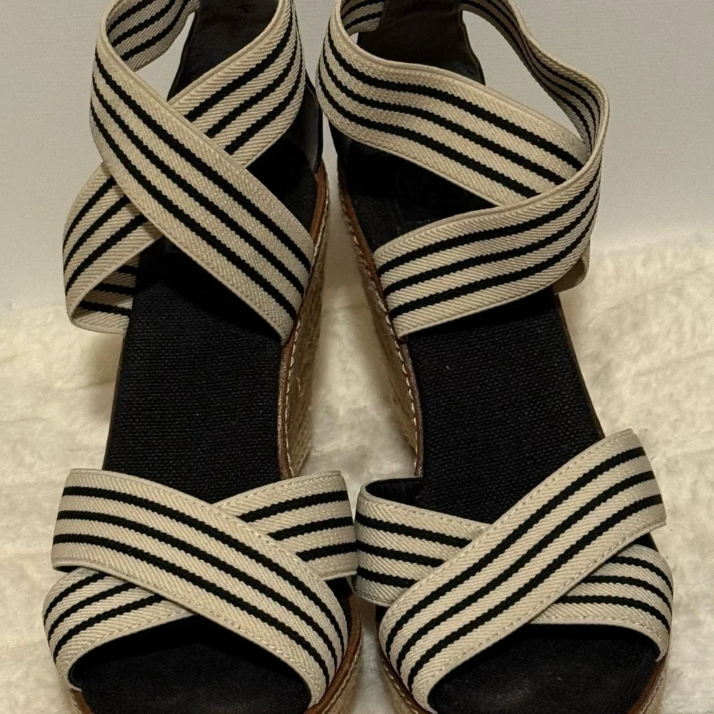 Tory Burch Black and Cream Striped Espadrille Wedge Sandals